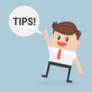 Image of cartoon man with the word TIPS! in a thought bubble; blue background.